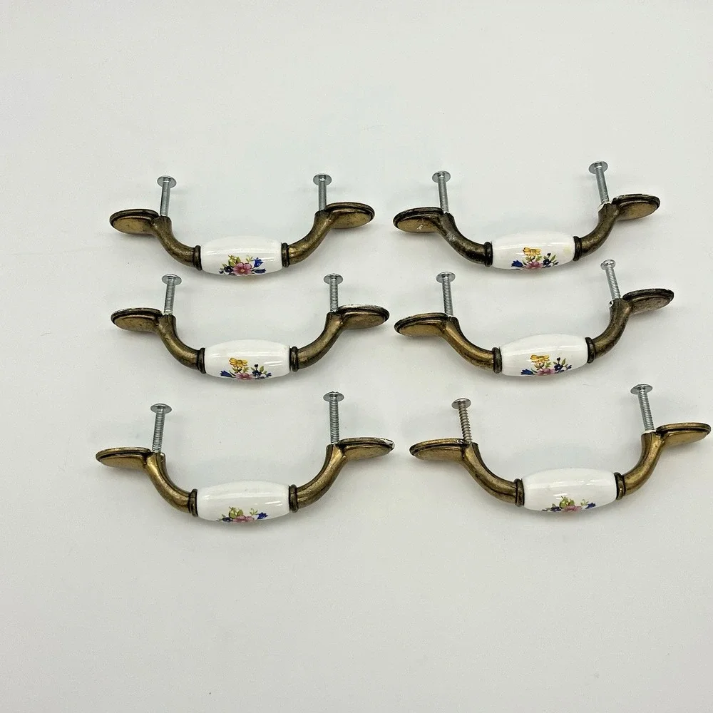 Vtg. 6 Floral Ceramic Drawer Pulls Brass Hardware 3 Inch Center Cottagecore Farm
